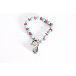 Ladies 925 Sterling Silver Turquoise Blue Red Stone Knot Teardrop Charm Bracelet
